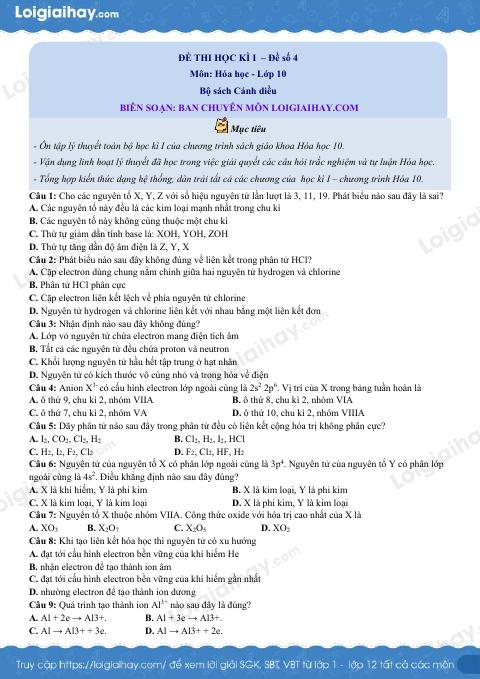 Đề thi học kì 1 Hóa 10 Cánh diều - Đề số 4